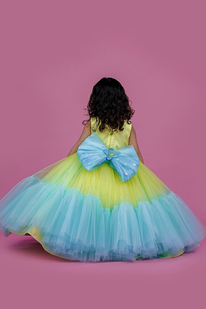 Light Lemon Yellow & Sky Blue Net Floral Embroidered Gown For Girls by Li & Li Boutique at Pernia's Pop Up Shop