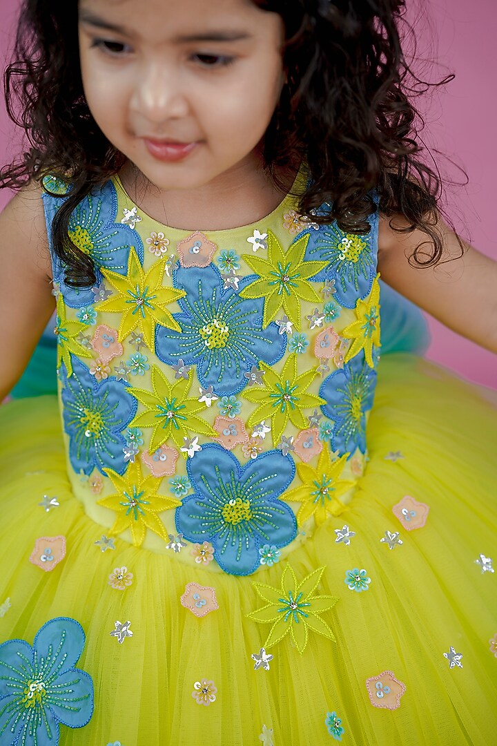 Light Lemon Yellow & Sky Blue Net Floral Embroidered Gown For Girls by Li & Li Boutique at Pernia's Pop Up Shop