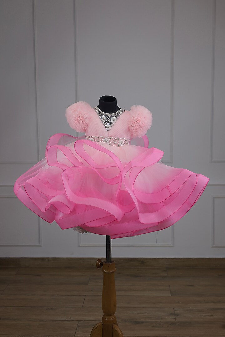 Baby Pink Net & Satin Beads Embroidered Gown For Girls by Li & Li Boutique at Pernia's Pop Up Shop