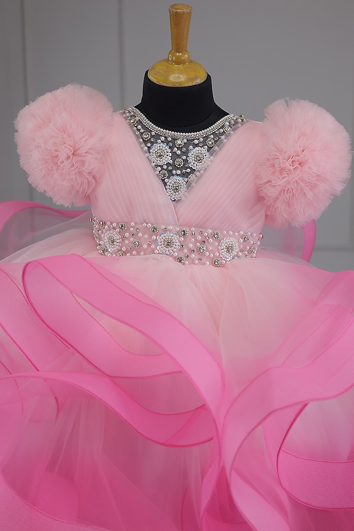Baby Pink Net & Satin Beads Embroidered Gown For Girls by Li & Li Boutique at Pernia's Pop Up Shop