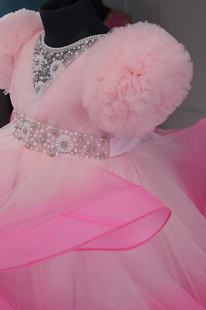 Baby Pink Net & Satin Beads Embroidered Gown For Girls by Li & Li Boutique at Pernia's Pop Up Shop