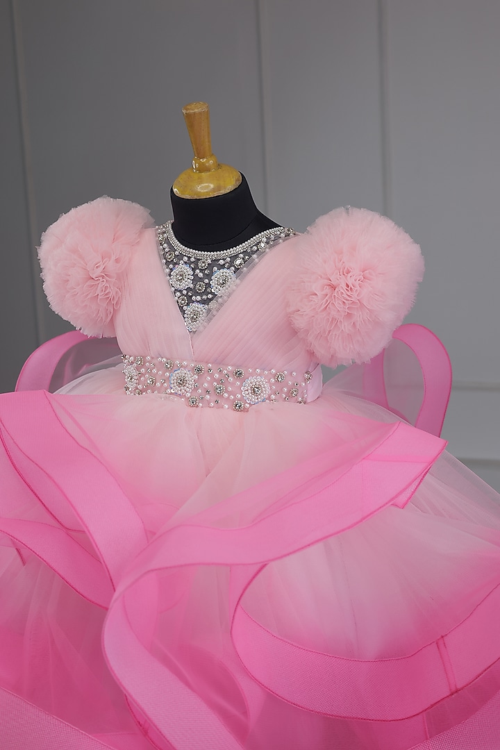 Baby Pink Net & Satin Beads Embroidered Gown For Girls by Li & Li Boutique at Pernia's Pop Up Shop