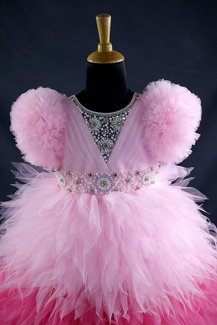 Cherry Pink Net & Satin Beads Embroidered Gown For Girls by Li & Li Boutique at Pernia's Pop Up Shop