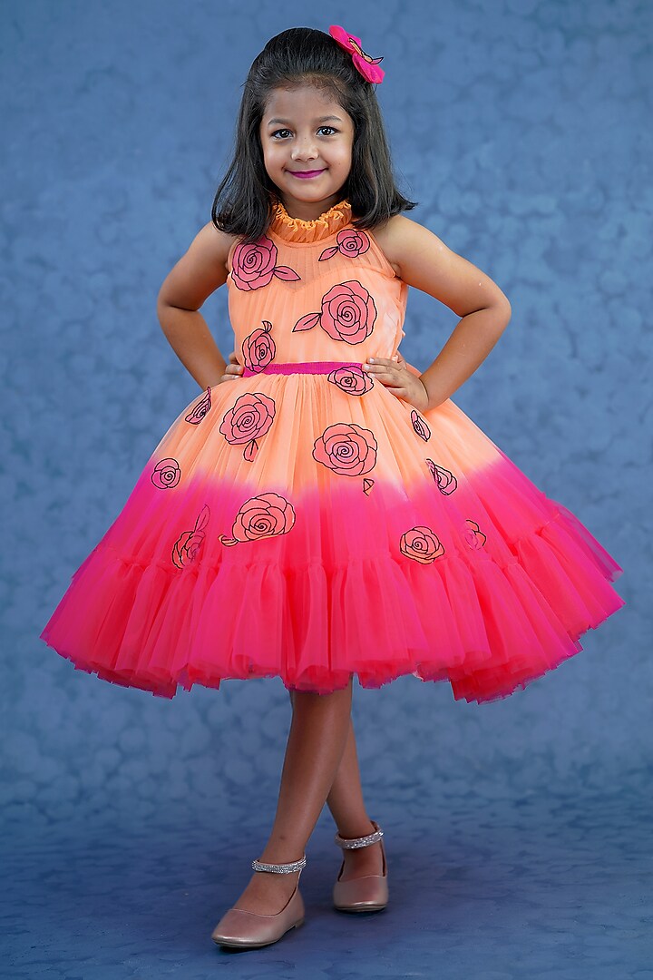 Papaya Orange Net & Satin Floral Embroidered Dress For Girls by Li & Li Boutique at Pernia's Pop Up Shop