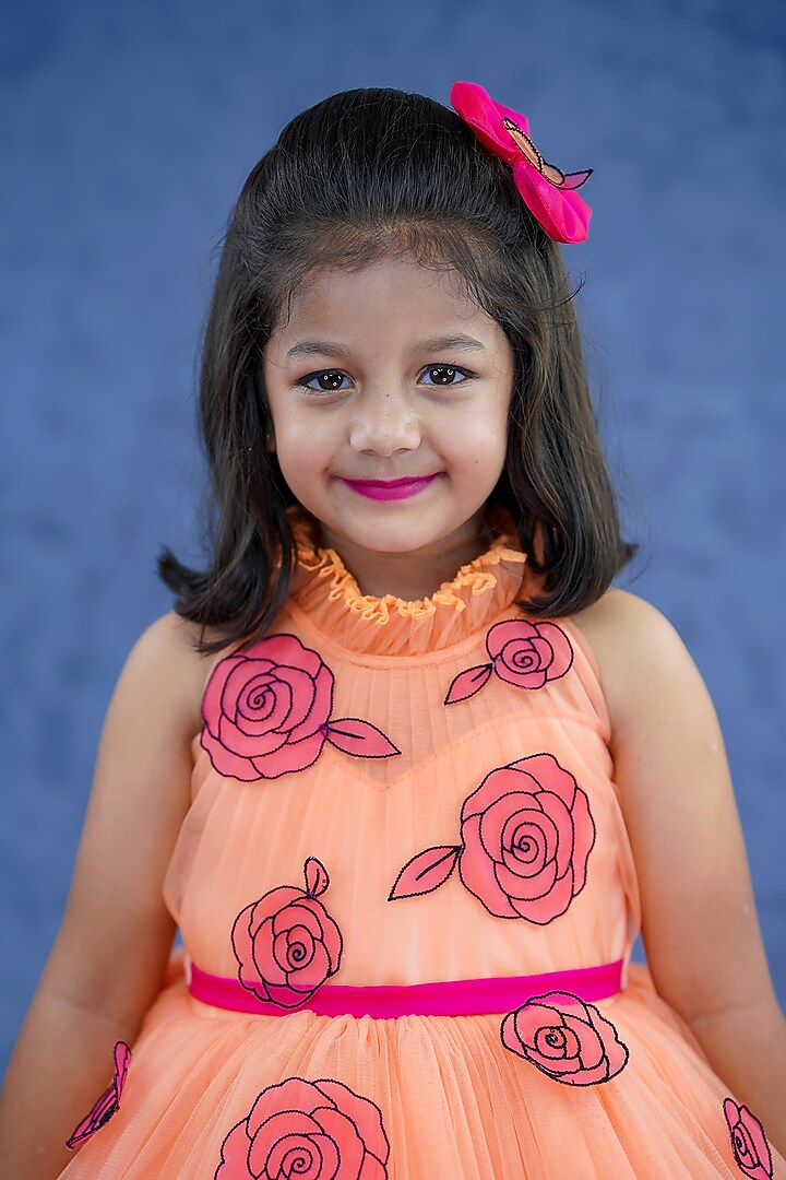 Papaya Orange Net & Satin Floral Embroidered Dress For Girls by Li & Li Boutique at Pernia's Pop Up Shop