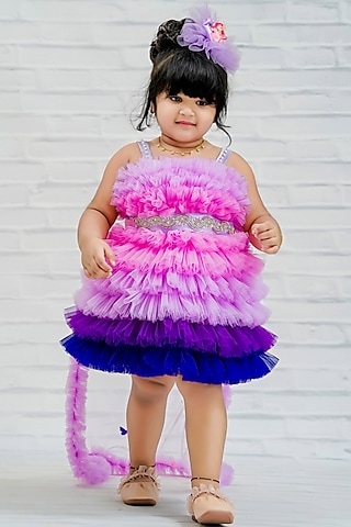 Light Lavender Net & Satin Bead Embroidered Dress For Girls by Li & Li Boutique
