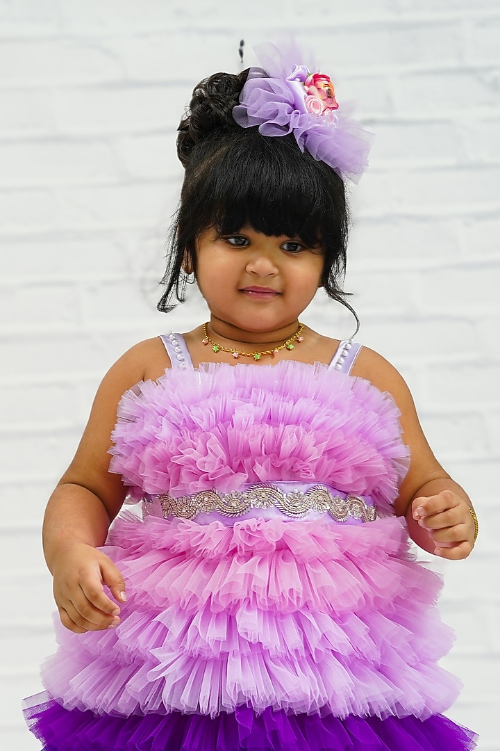 Light Lavender Net & Satin Bead Embroidered Dress For Girls by Li & Li Boutique at Pernia's Pop Up Shop
