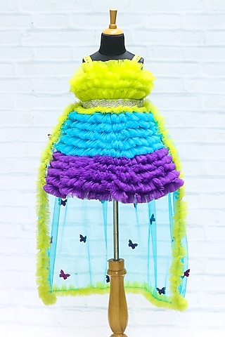 Lime Green Net & Satin Bead Embroidered Dress For Girls by Li & Li Boutique