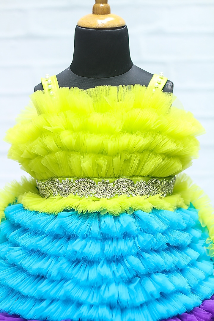 Lime Green Net & Satin Bead Embroidered Dress For Girls by Li & Li Boutique at Pernia's Pop Up Shop