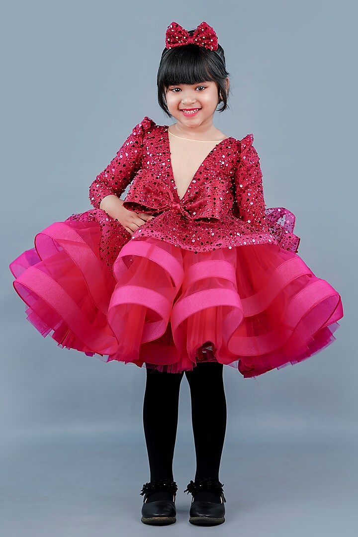 Wine Red Net & Satin Bead Embroidered Dress For Girls by Li & Li Boutique at Pernia's Pop Up Shop