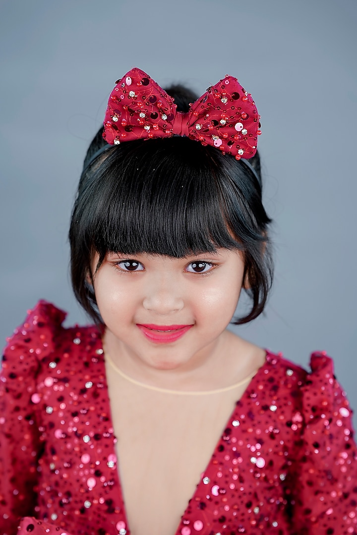 Wine Red Net & Satin Bead Embroidered Dress For Girls by Li & Li Boutique at Pernia's Pop Up Shop