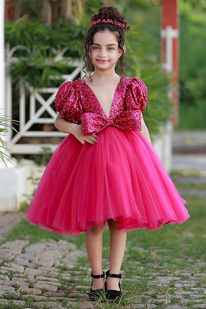 Hot Pink Net & Satin Dress For Girls by Li & Li Boutique at Pernia's Pop Up Shop