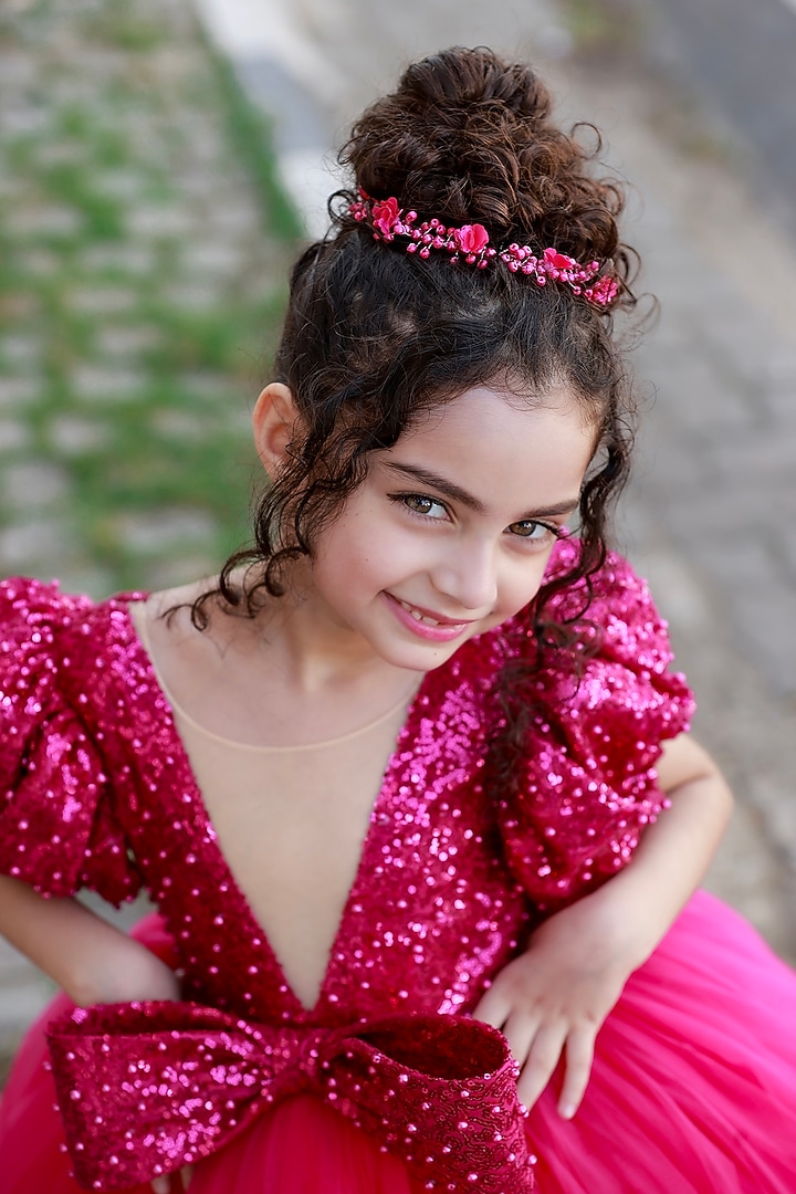 Hot Pink Net & Satin Dress For Girls by Li & Li Boutique at Pernia's Pop Up Shop