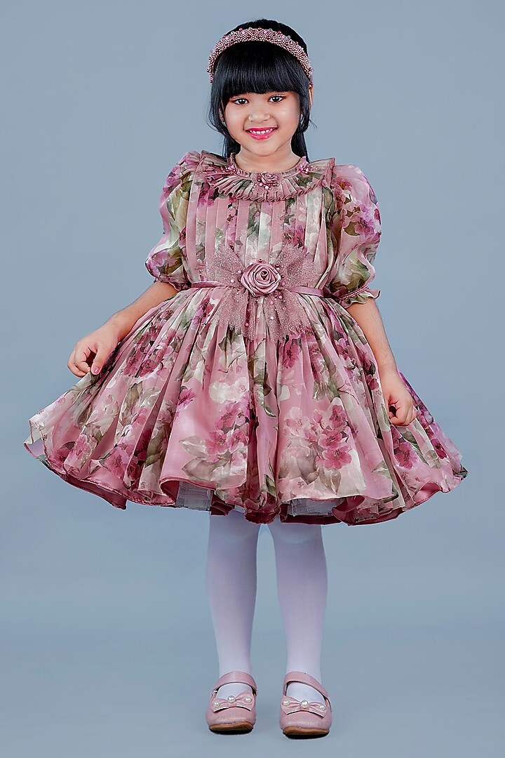 Onion Pink Organza & Satin Floral Printed Dress For Girls by Li & Li Boutique at Pernia's Pop Up Shop