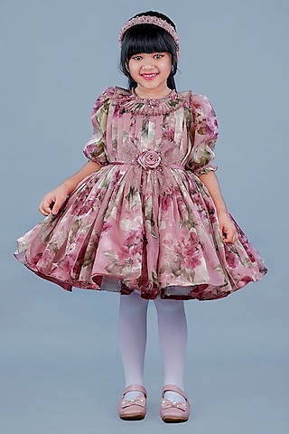 Onion Pink Organza & Satin Floral Printed Dress For Girls by Li & Li Boutique