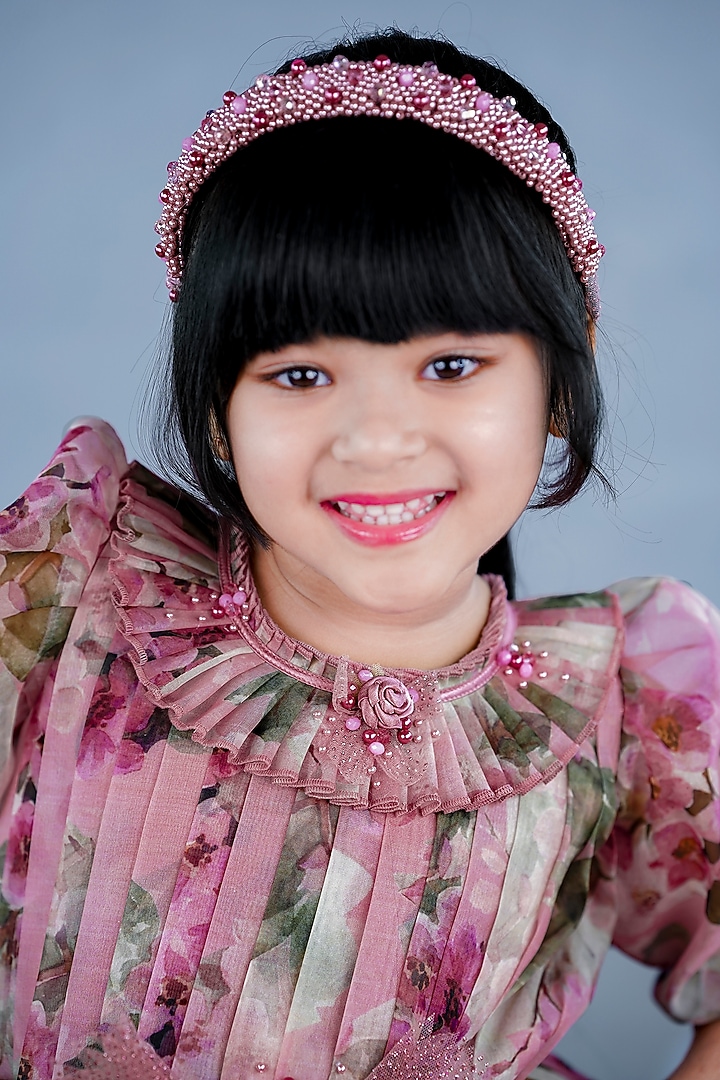 Onion Pink Organza & Satin Floral Printed Dress For Girls by Li & Li Boutique at Pernia's Pop Up Shop