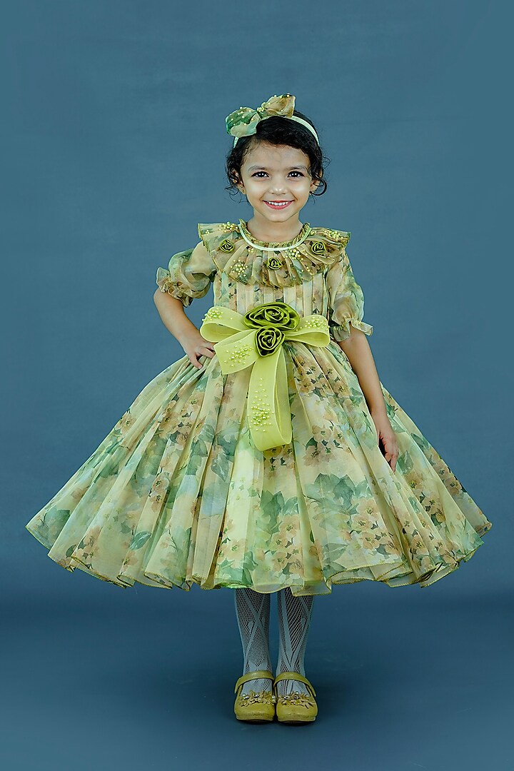 Olive Green Organza & Satin Floral Printed Gown For Girls by Li & Li Boutique at Pernia's Pop Up Shop