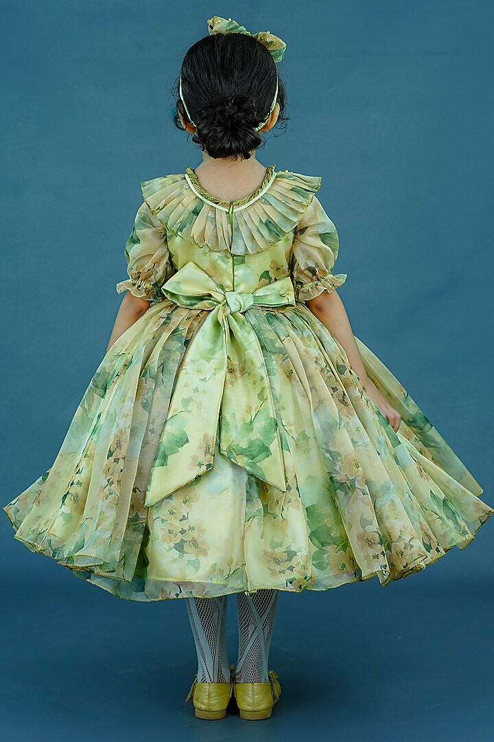 Olive Green Organza & Satin Floral Printed Gown For Girls by Li & Li Boutique at Pernia's Pop Up Shop
