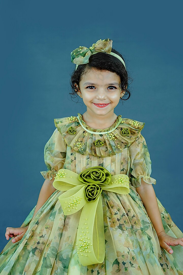 Olive Green Organza & Satin Floral Printed Gown For Girls by Li & Li Boutique at Pernia's Pop Up Shop