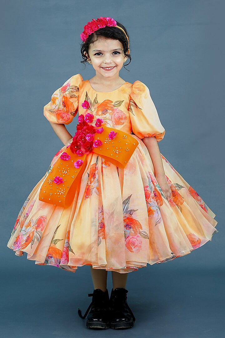 Pumpkin Orange Organza & Satin Floral Printed Gown For Girls by Li & Li Boutique at Pernia's Pop Up Shop