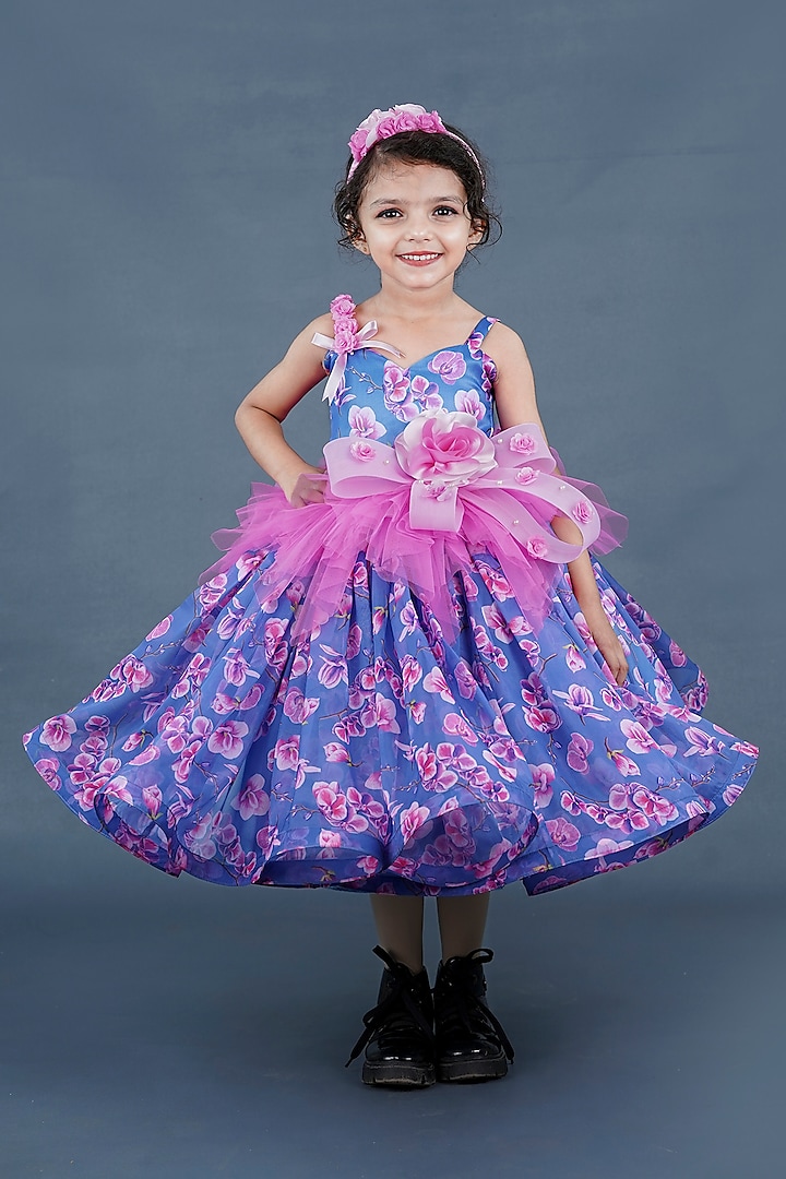 Cobalt Blue Organza & Satin Floral Printed Gown For Girls by Li & Li Boutique at Pernia's Pop Up Shop