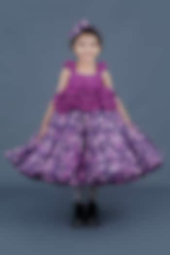 Purple Organza & Satin Floral Printed Gown For Girls by Li & Li Boutique at Pernia's Pop Up Shop