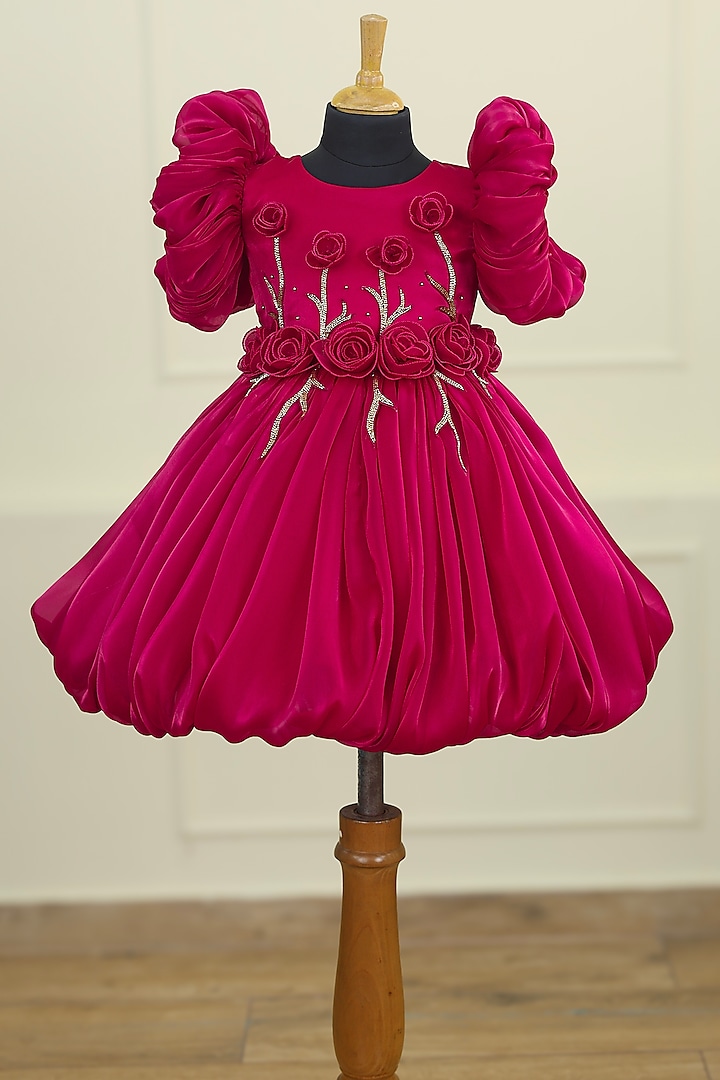 Wine Red Jimmy Chu & Satin Floral Embroidered Dress For Girls by Li & Li Boutique at Pernia's Pop Up Shop