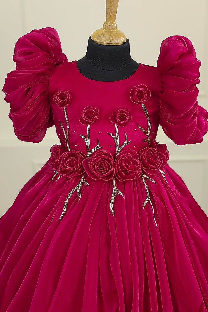 Wine Red Jimmy Chu & Satin Floral Embroidered Dress For Girls by Li & Li Boutique at Pernia's Pop Up Shop