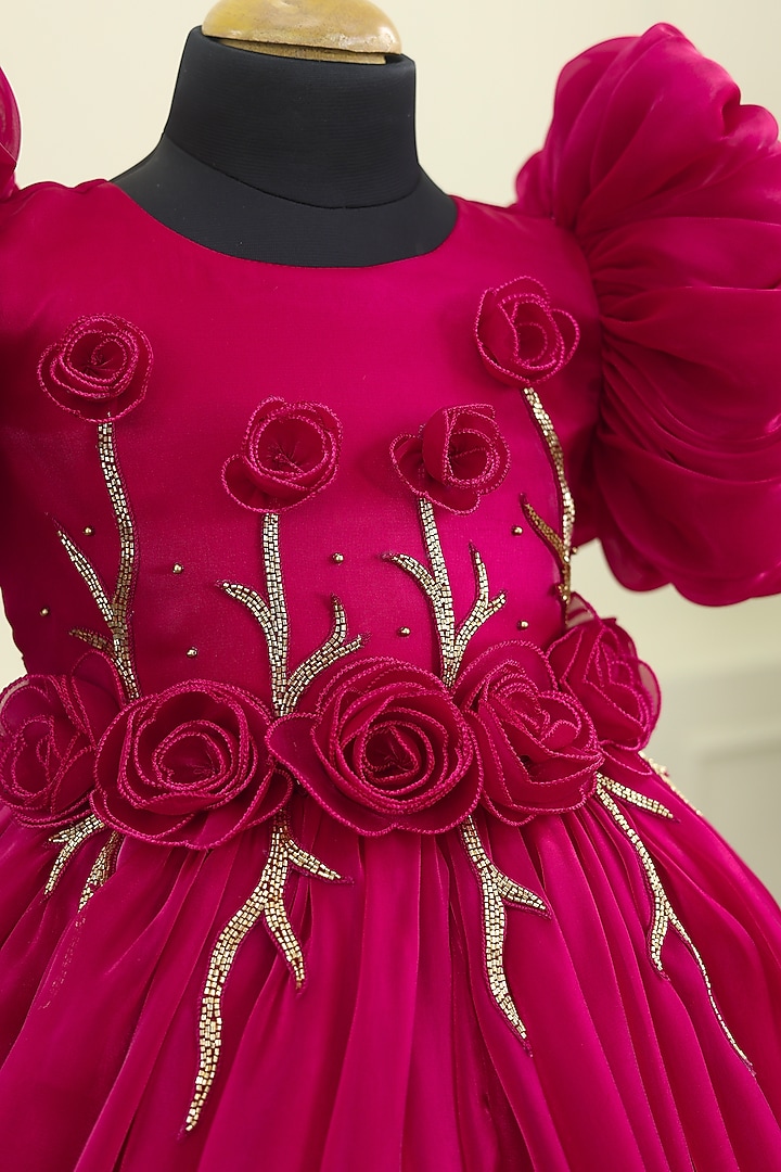 Wine Red Jimmy Chu & Satin Floral Embroidered Dress For Girls by Li & Li Boutique at Pernia's Pop Up Shop