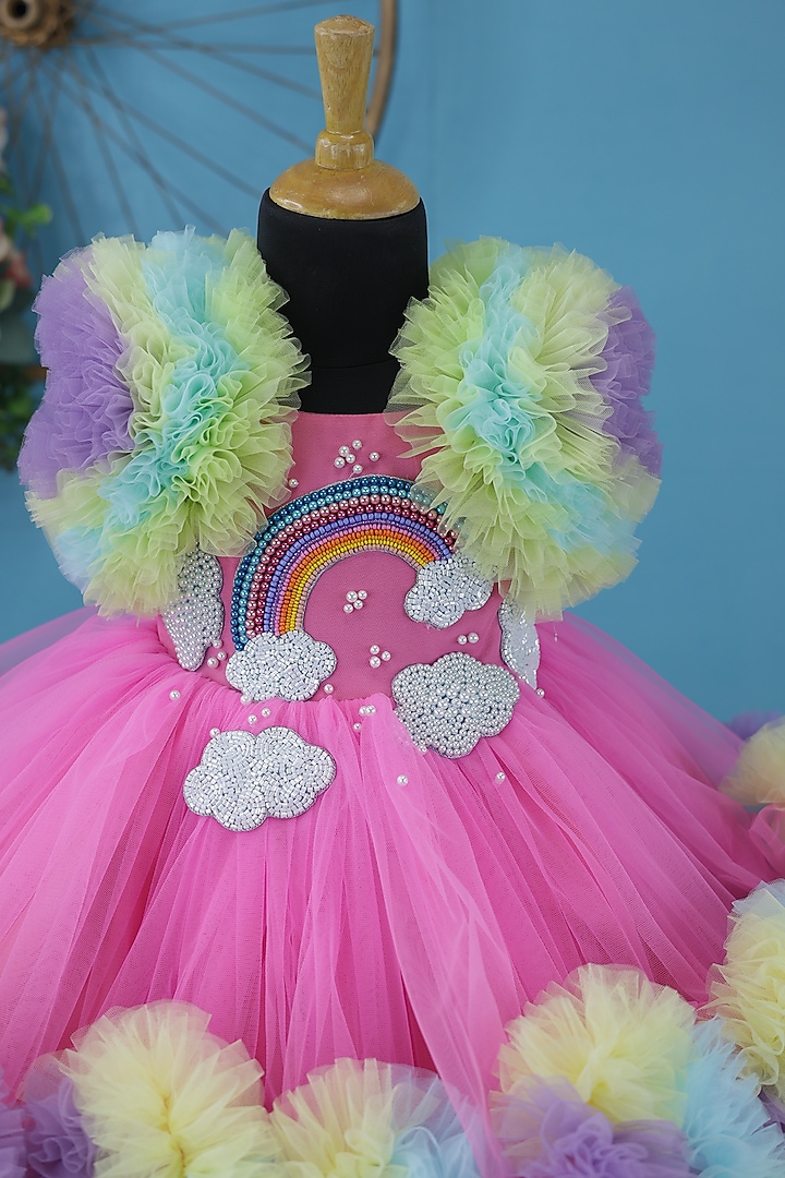 Creamy Pink Net & Satin Bead Embroidered Gown For Girls by Li & Li Boutique at Pernia's Pop Up Shop