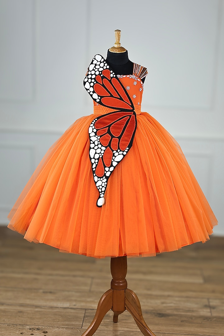 Tangerine Orange Net & Satin Hand Embroidered Gown For Girls by Li & Li Boutique at Pernia's Pop Up Shop