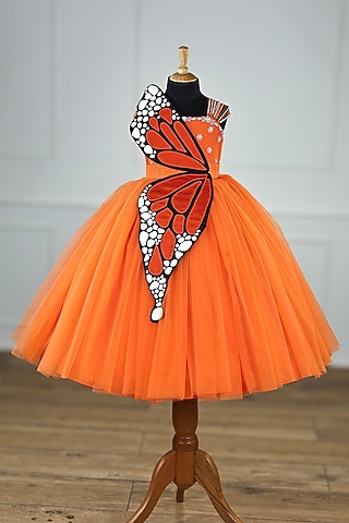 Tangerine Orange Net & Satin Hand Embroidered Gown For Girls by Li & Li Boutique