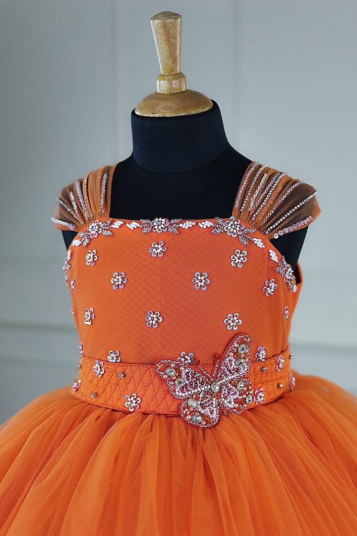 Tangerine Orange Net & Satin Hand Embroidered Gown For Girls by Li & Li Boutique at Pernia's Pop Up Shop