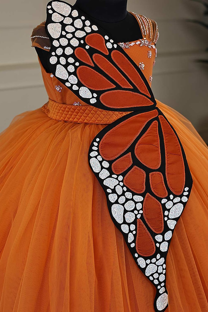 Tangerine Orange Net & Satin Hand Embroidered Gown For Girls by Li & Li Boutique at Pernia's Pop Up Shop
