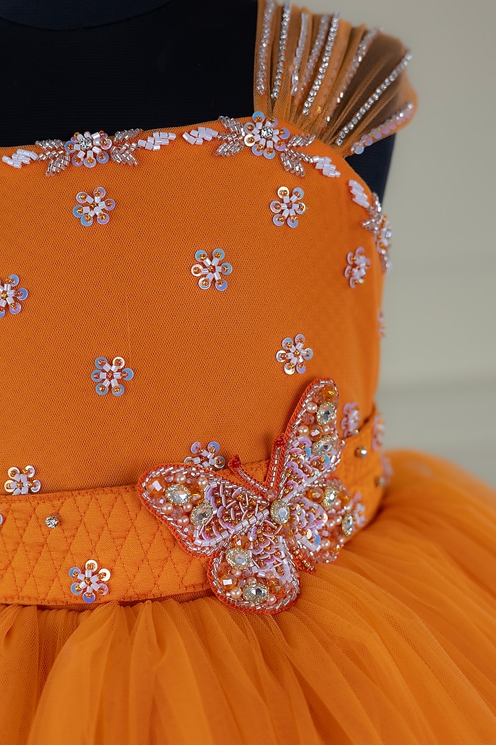 Tangerine Orange Net & Satin Hand Embroidered Gown For Girls by Li & Li Boutique at Pernia's Pop Up Shop