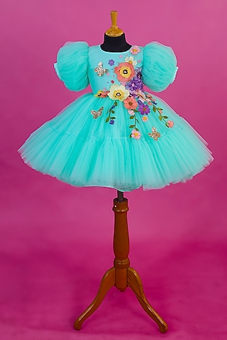 Powder Blue Net & Satin Floral Embroidered Dress For Girls by Li & Li Boutique