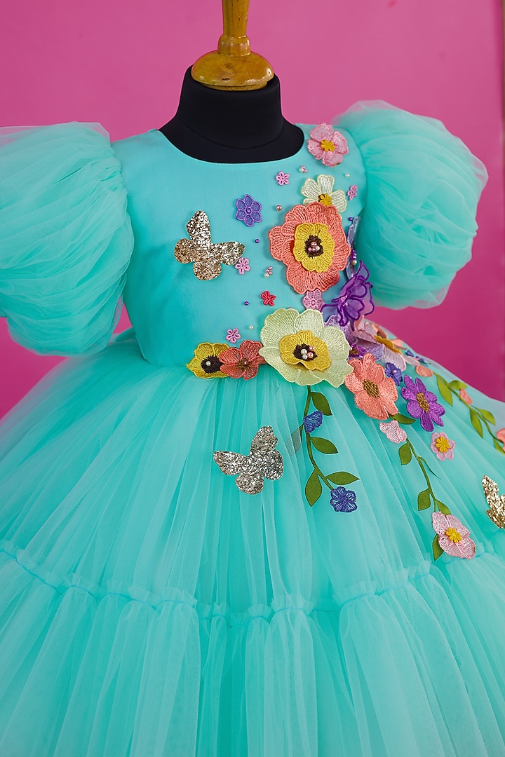 Powder Blue Net & Satin Floral Embroidered Dress For Girls by Li & Li Boutique at Pernia's Pop Up Shop