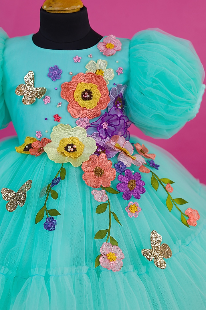 Powder Blue Net & Satin Floral Embroidered Dress For Girls by Li & Li Boutique at Pernia's Pop Up Shop