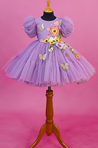 Dusty Lavender Net & Satin Floral Embroidered Dress For Girls by Li & Li Boutique