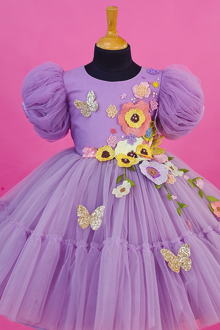 Dusty Lavender Net & Satin Floral Embroidered Dress For Girls by Li & Li Boutique at Pernia's Pop Up Shop