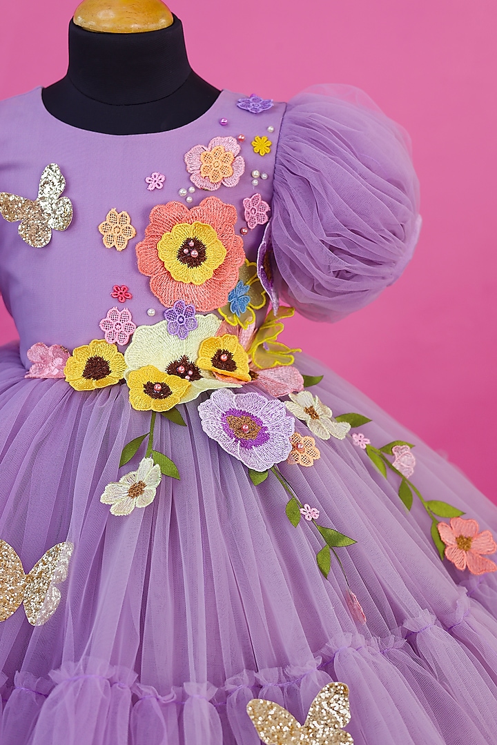 Dusty Lavender Net & Satin Floral Embroidered Dress For Girls by Li & Li Boutique at Pernia's Pop Up Shop