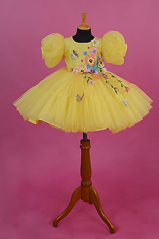 Marigold Net & Satin Floral Embroidered Dress For Girls by Li & Li Boutique