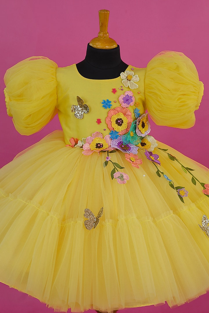 Marigold Net & Satin Floral Embroidered Dress For Girls by Li & Li Boutique at Pernia's Pop Up Shop