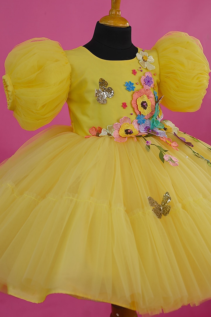 Marigold Net & Satin Floral Embroidered Dress For Girls by Li & Li Boutique at Pernia's Pop Up Shop