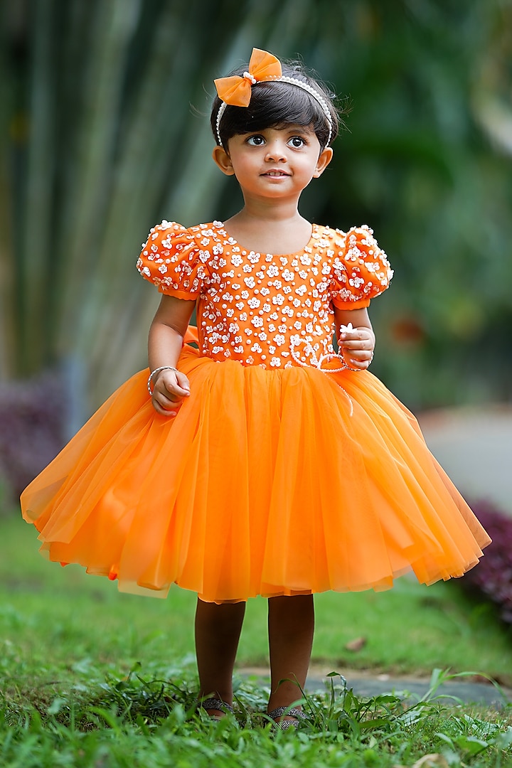 Tangerine Orange Net & Satin Sequins Embroidered Dress For Girls by Li & Li Boutique at Pernia's Pop Up Shop