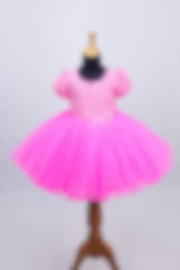 Neon Flamingo Pink Net & Satin Sequins Embroidered Dress For Girls by Li & Li Boutique at Pernia's Pop Up Shop