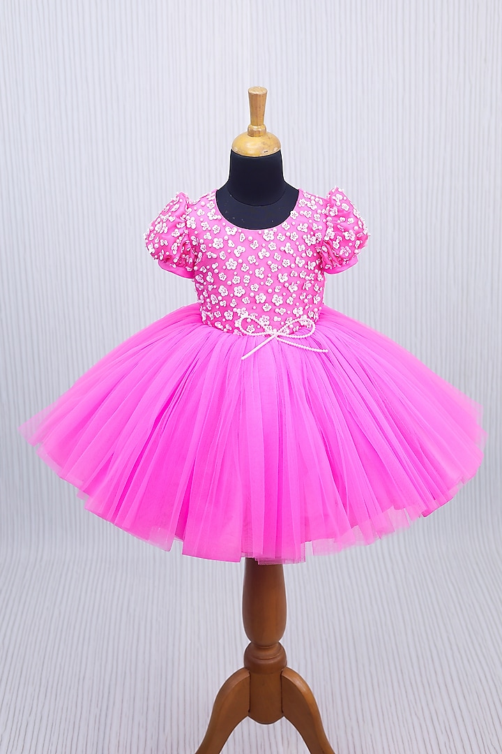 Neon Flamingo Pink Net & Satin Sequins Embroidered Dress For Girls by Li & Li Boutique at Pernia's Pop Up Shop