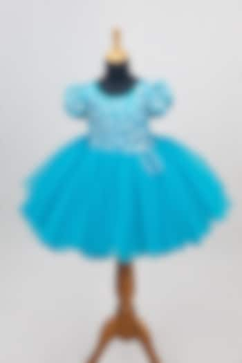 Sea Blue Net & Satin Sequins Embroidered Dress For Girls by Li & Li Boutique at Pernia's Pop Up Shop