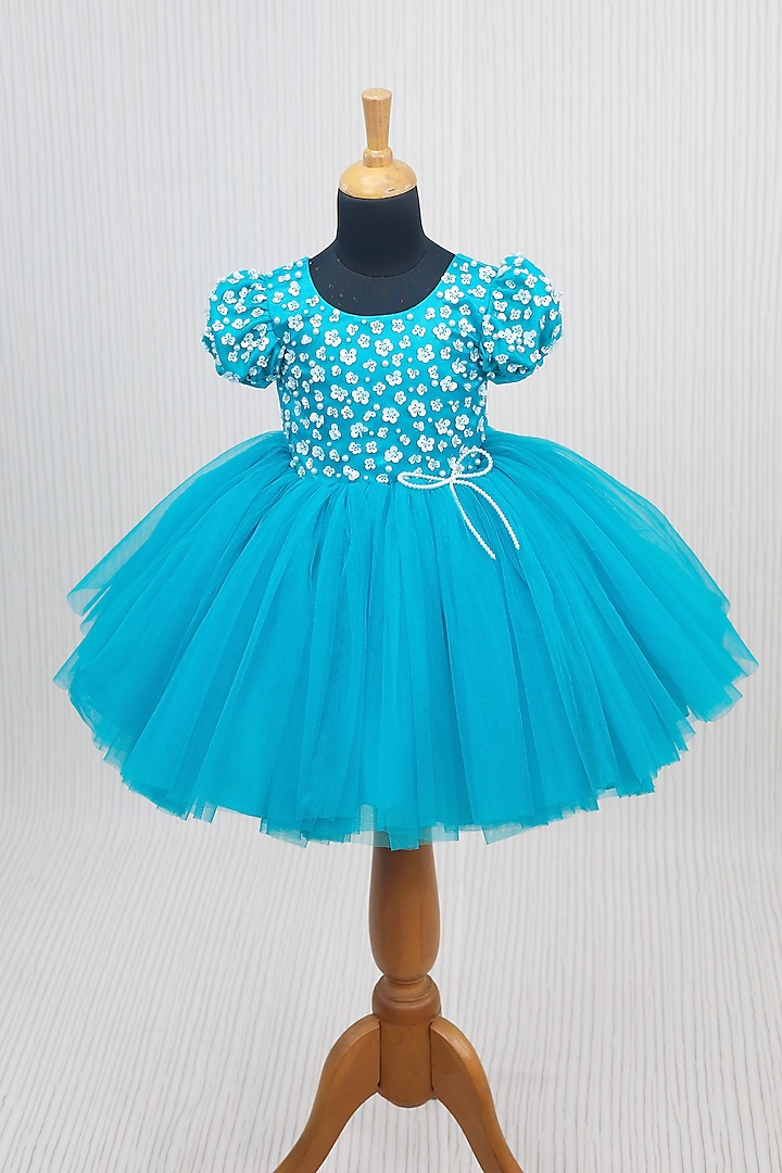 Sea Blue Net & Satin Sequins Embroidered Dress For Girls by Li & Li Boutique at Pernia's Pop Up Shop