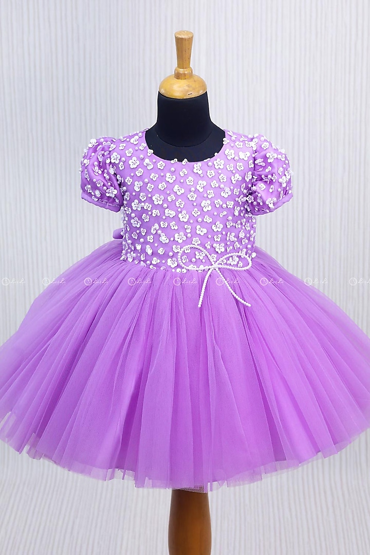 Orchid Net & Satin Sequins Embroidered Dress For Girls by Li & Li Boutique at Pernia's Pop Up Shop